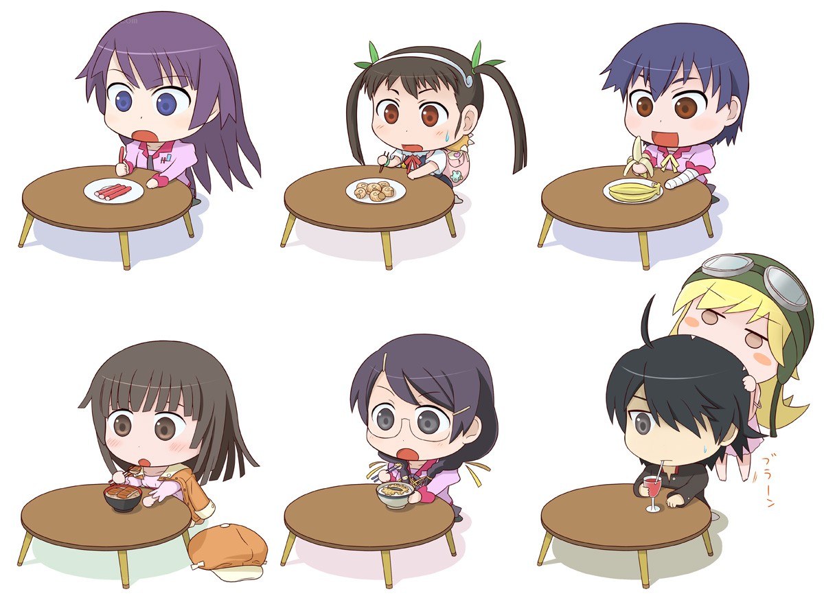 Chibi characters eating various foods