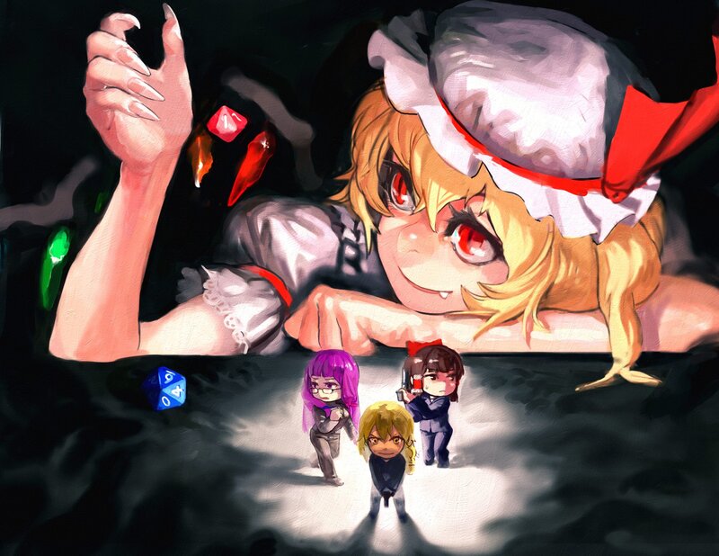 Chibi characters facing a giant girl