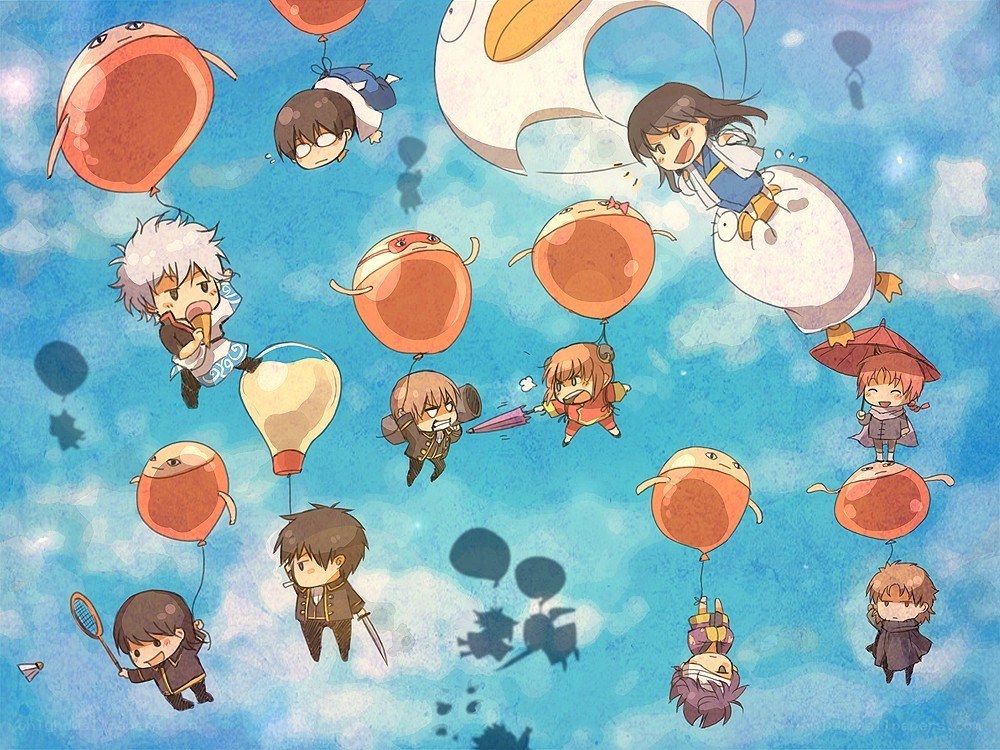 Chibi characters floating in sky