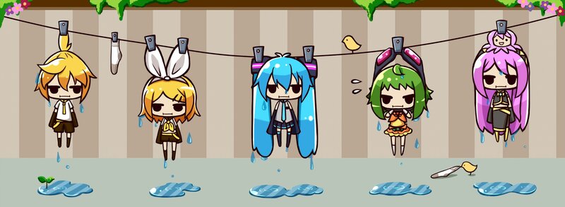 Chibi characters hanging on a clothesline