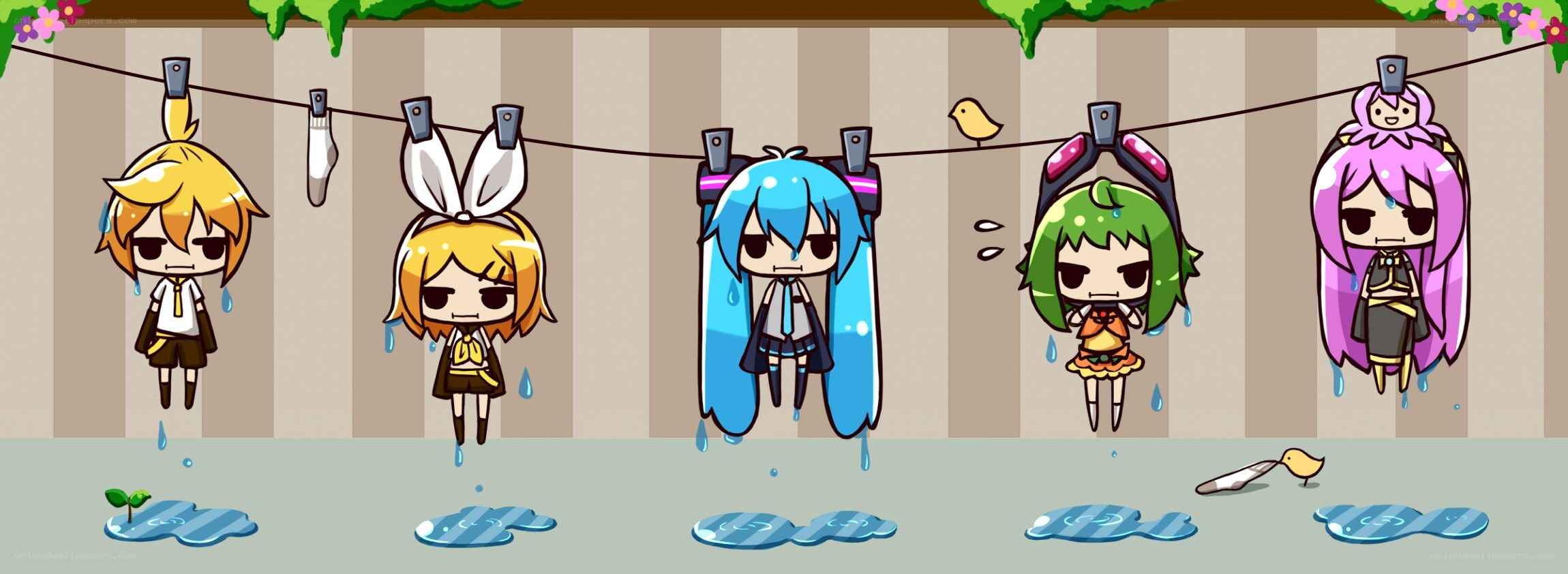 Chibi characters hanging on a clothesline