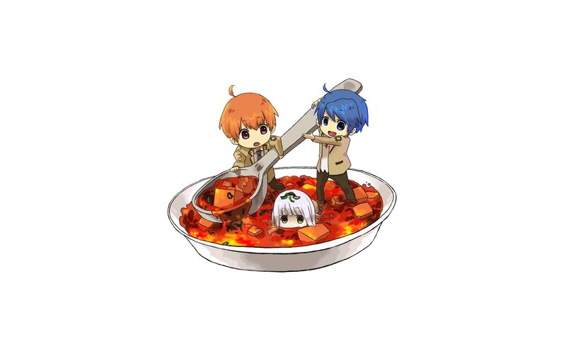 Chibi characters in a bowl of stew