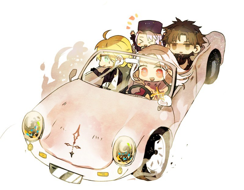 chibi characters in a car