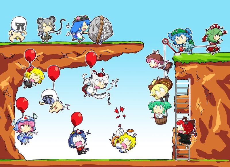 Chibi characters in a cliffside scene