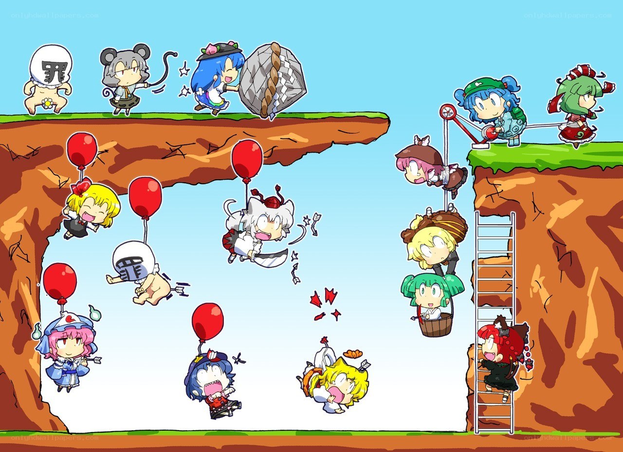 Chibi characters in a cliffside scene
