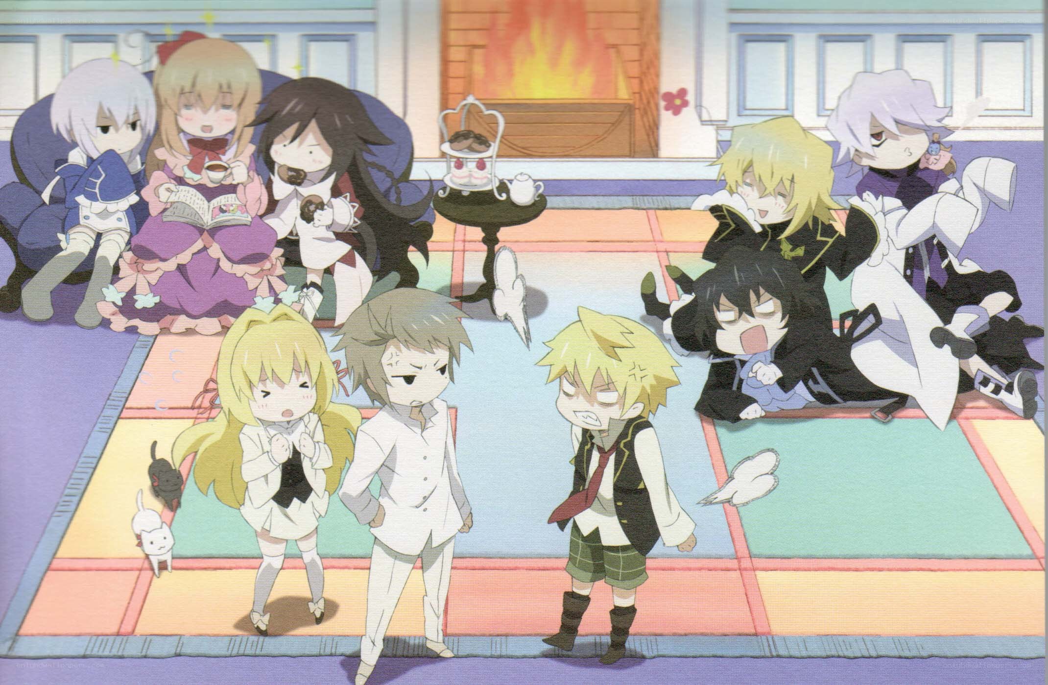 Chibi characters in a cozy room