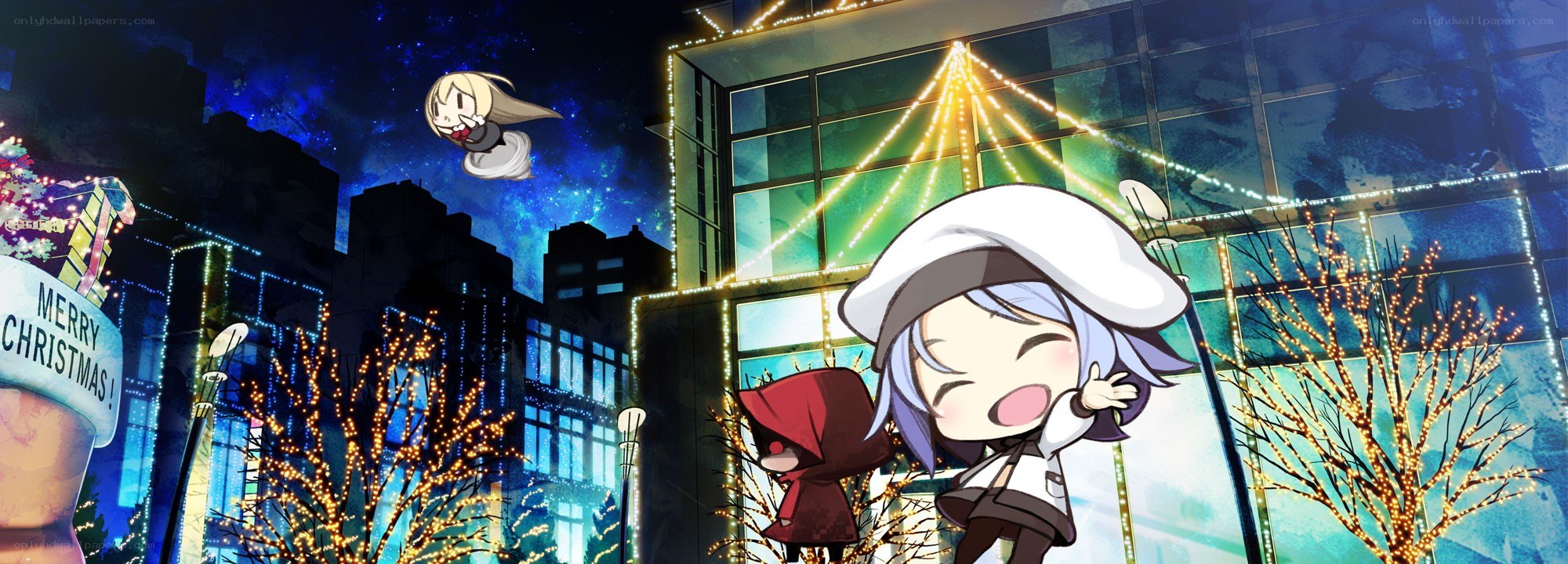 Chibi characters in a festive city