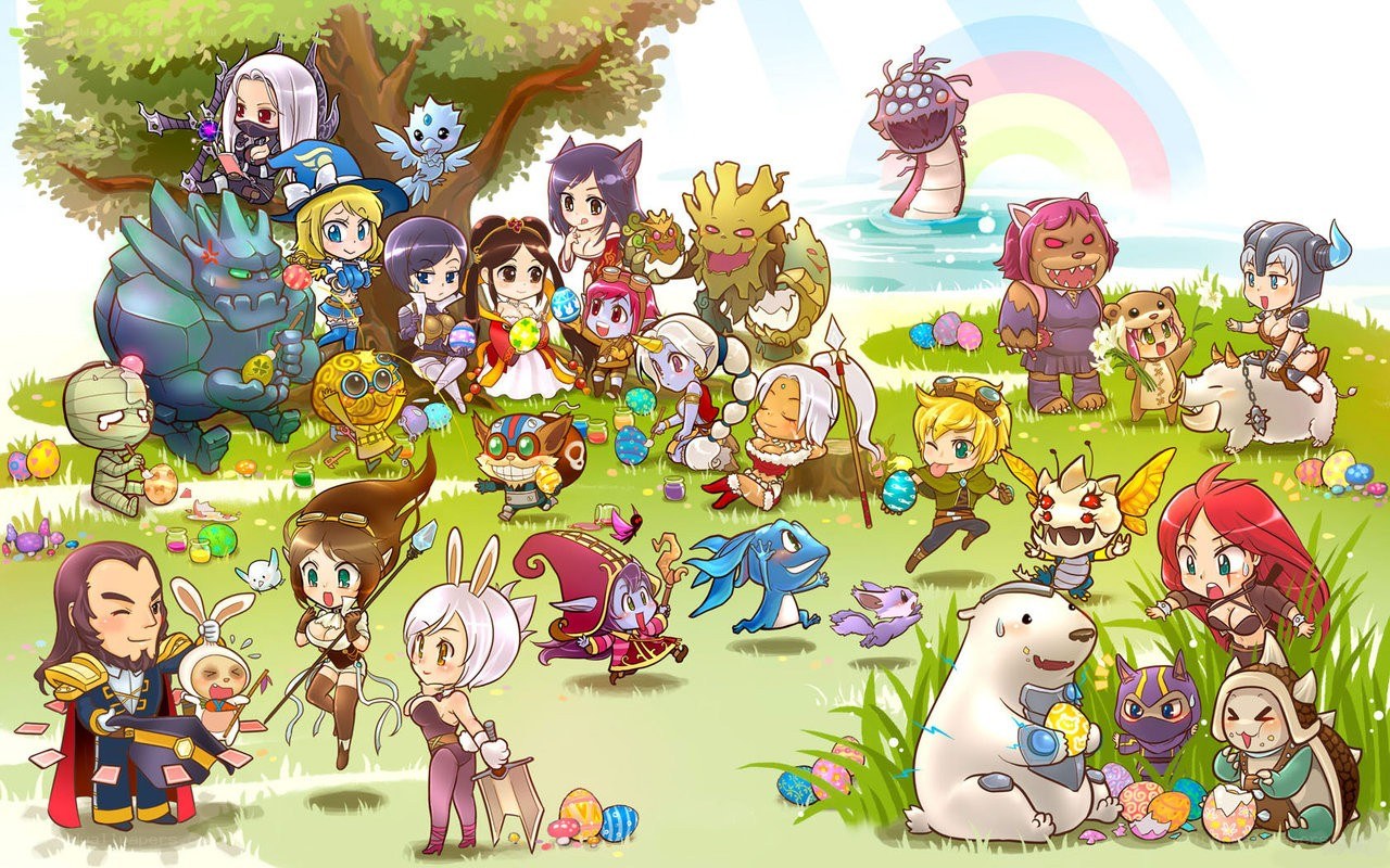 Chibi characters in a festive gathering