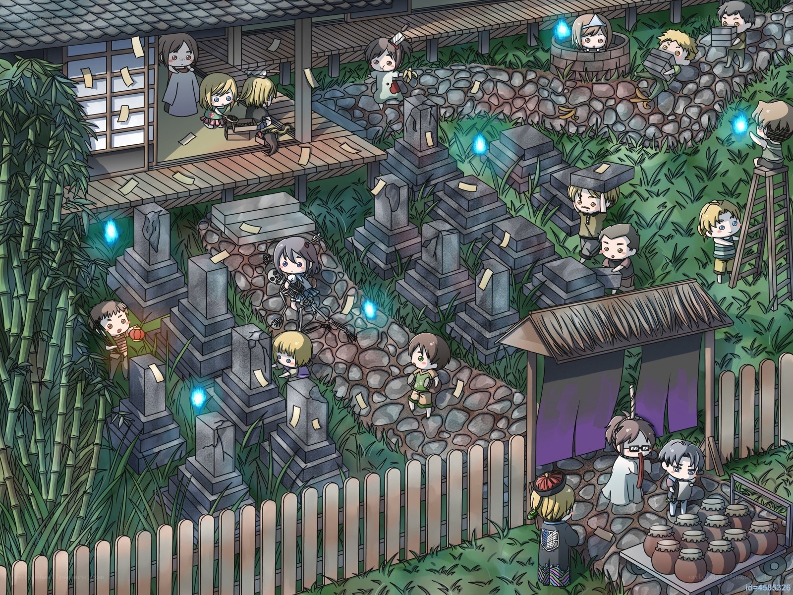 Chibi characters in a graveyard