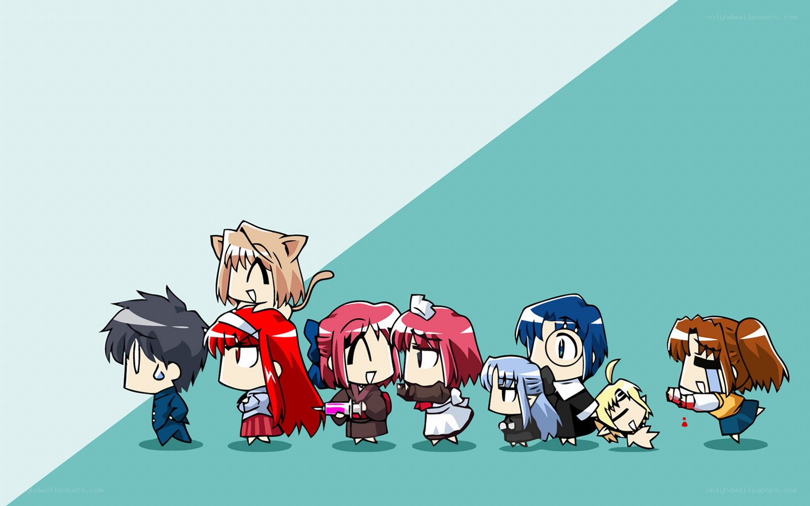 chibi characters in a line