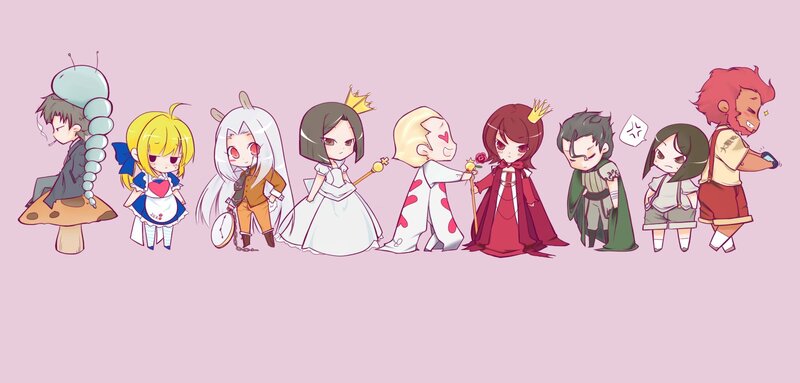 chibi characters in a line