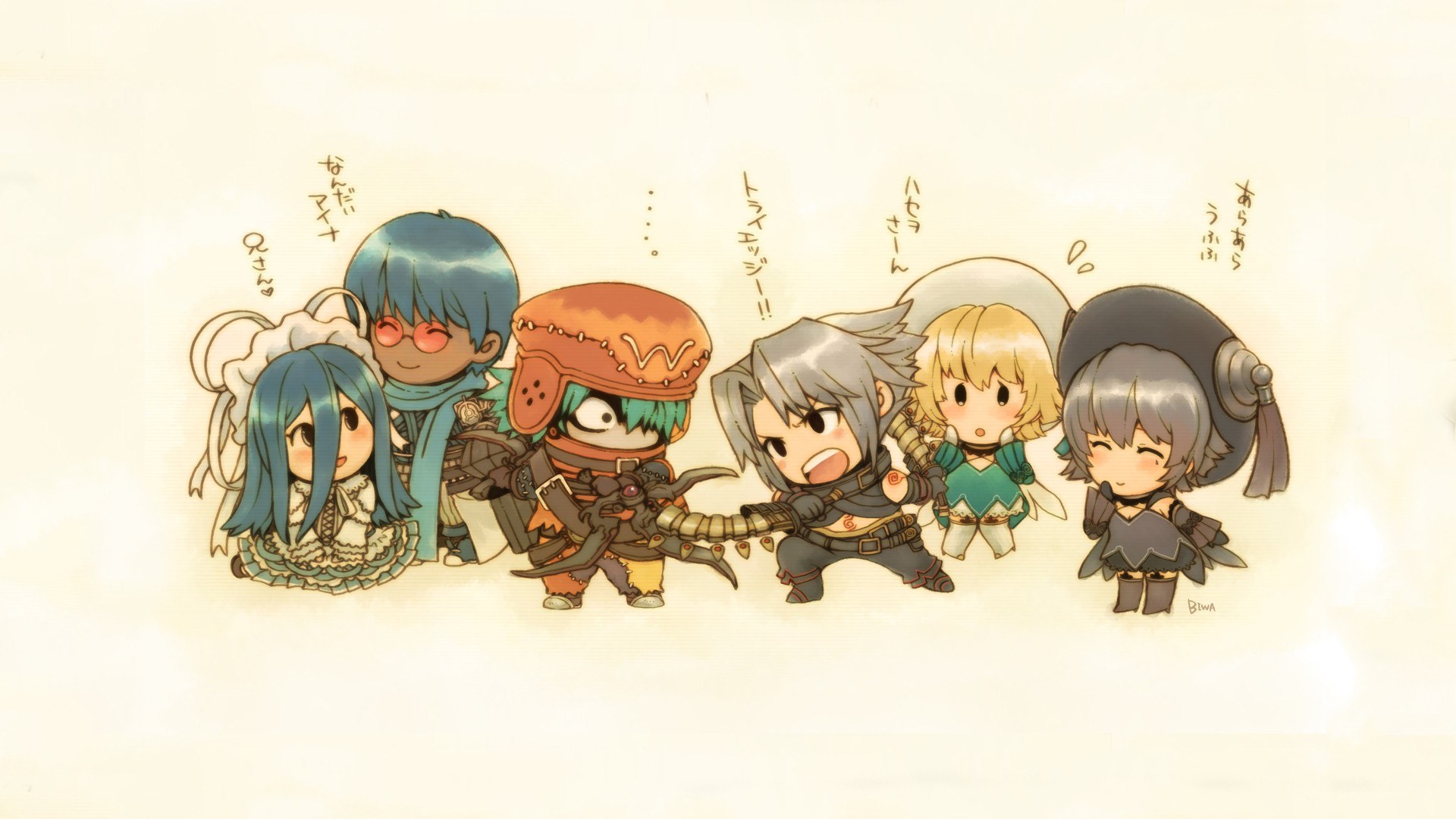 Chibi characters in a line