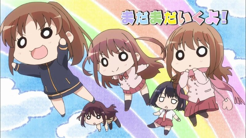Chibi characters in a rainbow