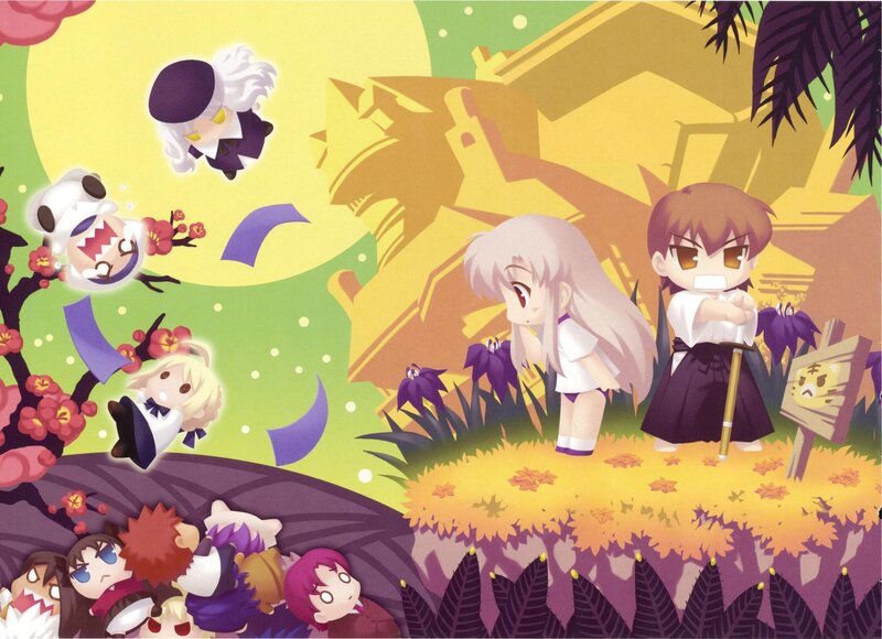 Chibi characters in a vibrant garden