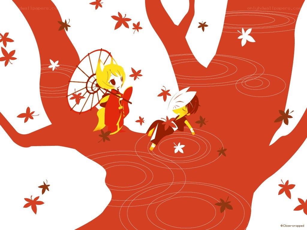 Chibi characters in autumn scene