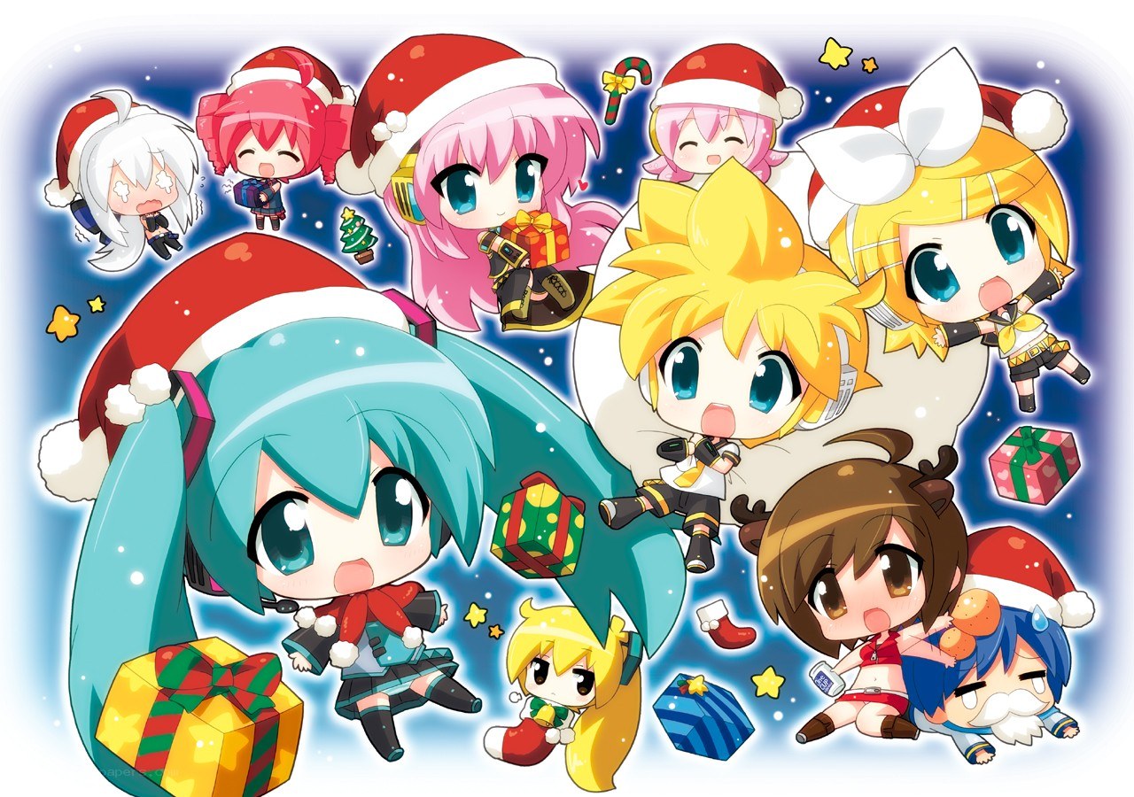 Chibi characters in Christmas hats