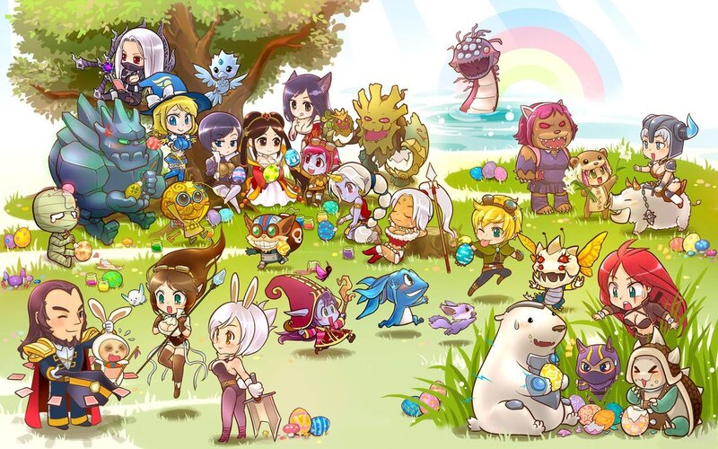 Chibi Characters in Field — Green, Playful, Afternoon, Digital Art, Eggs