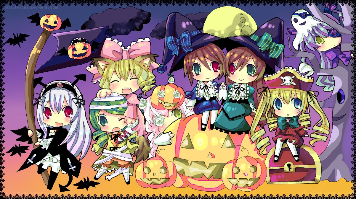 Chibi characters in Halloween costumes