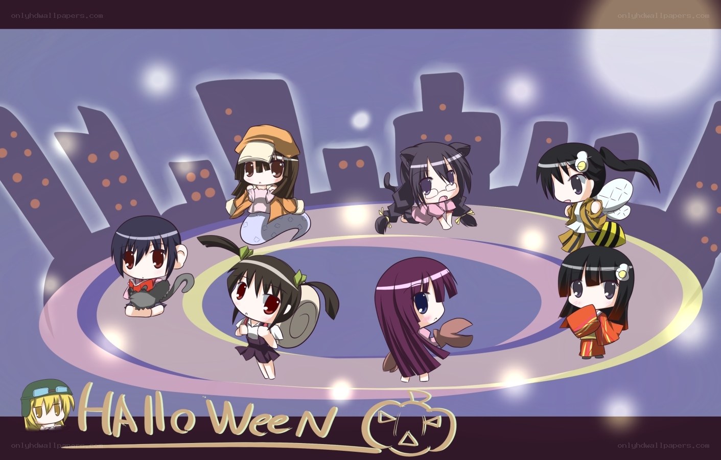 Chibi characters in Halloween scene