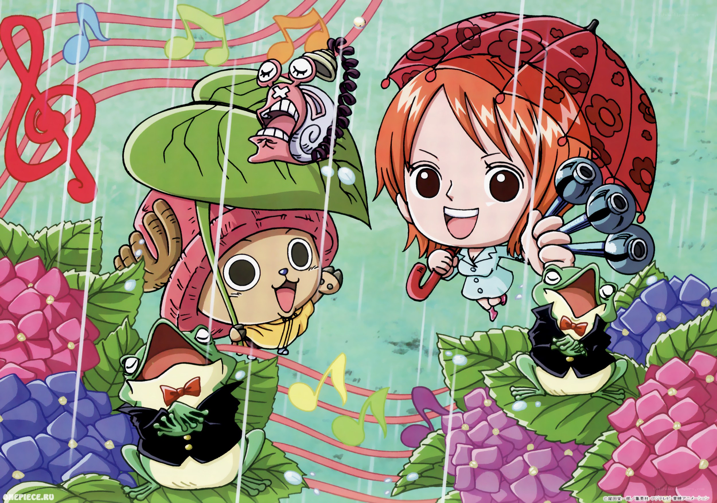 Chibi characters in rain
