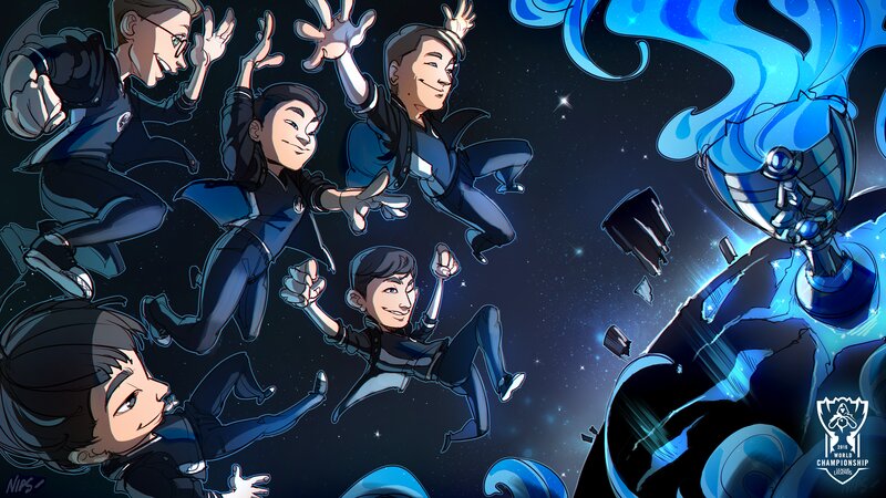 Chibi Characters in Space — Blue, Celebratory