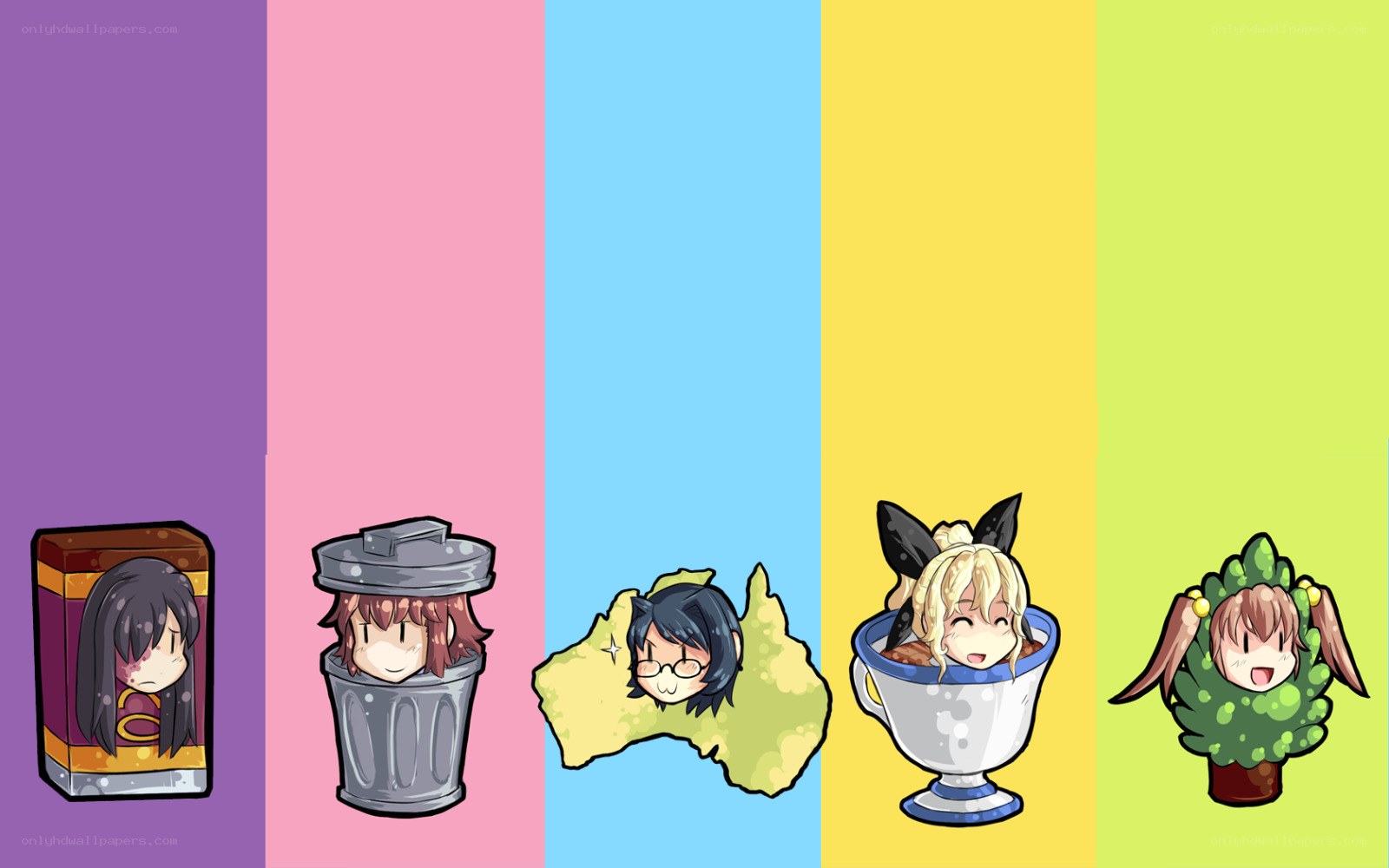 chibi characters in various containers