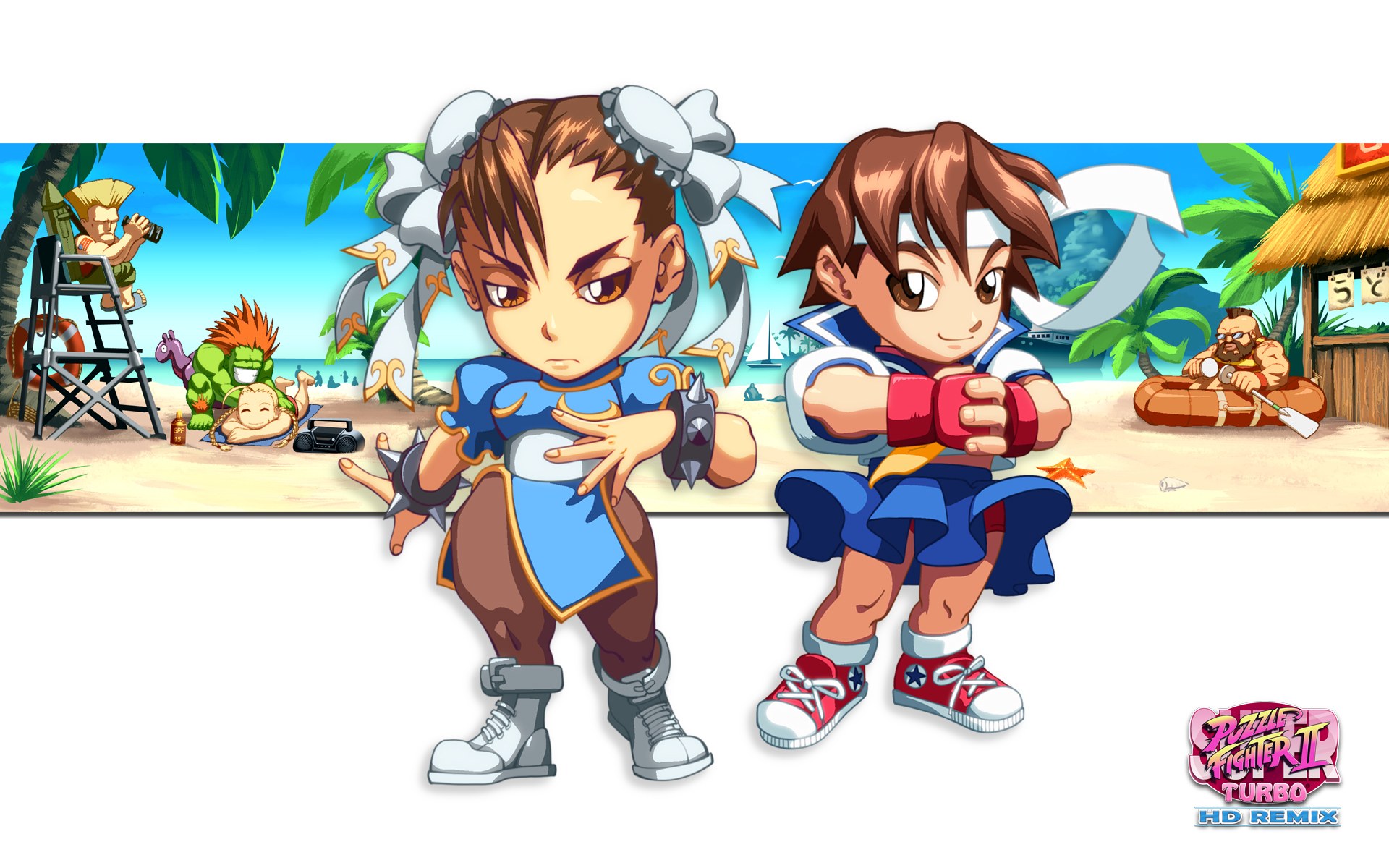 Chibi characters on a beach