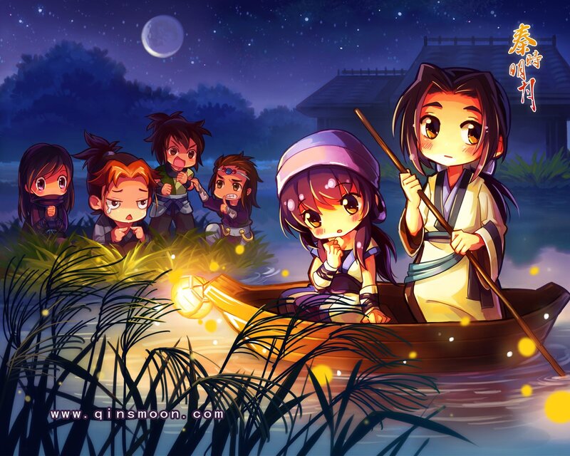 Chibi characters on a boat at night