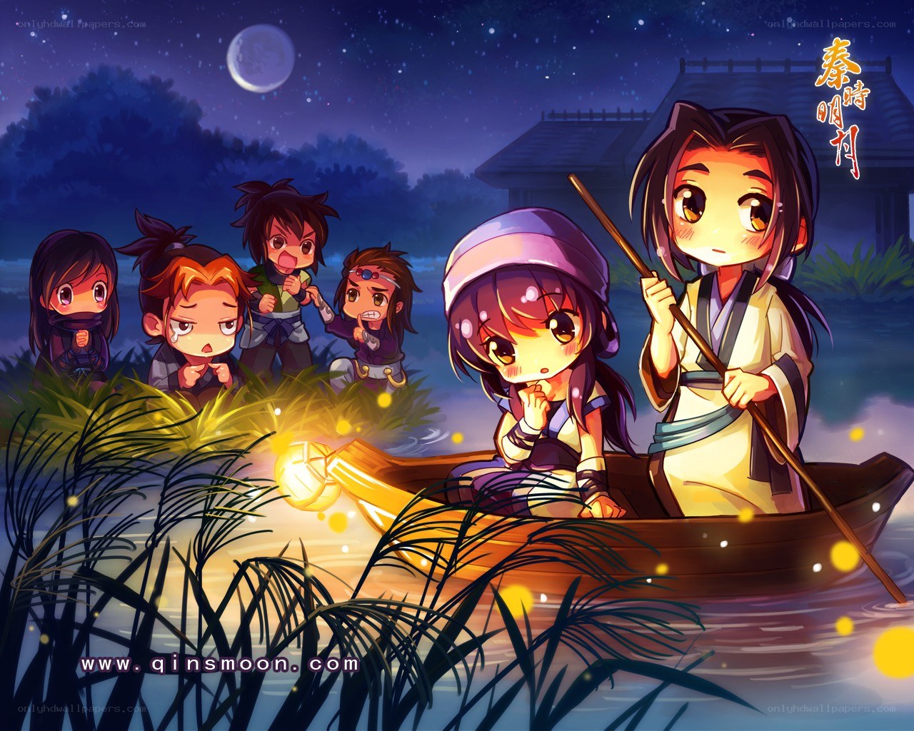Chibi characters on a boat at night