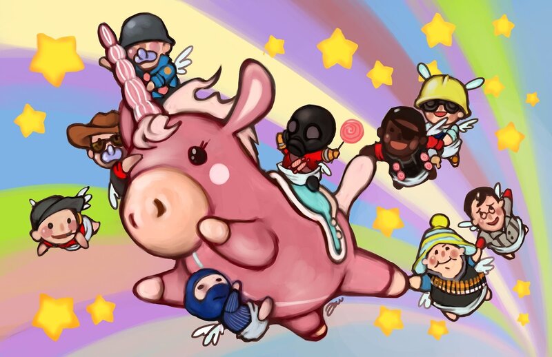 Chibi characters on a flying pig