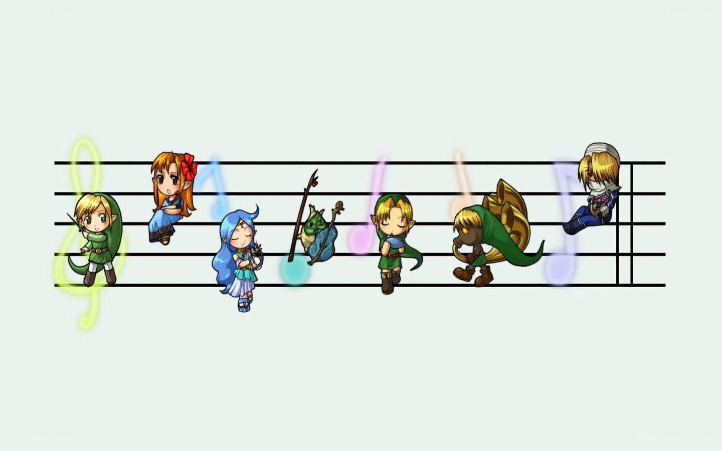 Chibi characters on a musical staff