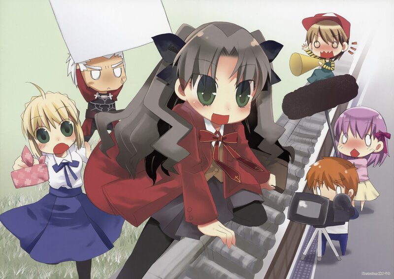 Chibi characters on train tracks