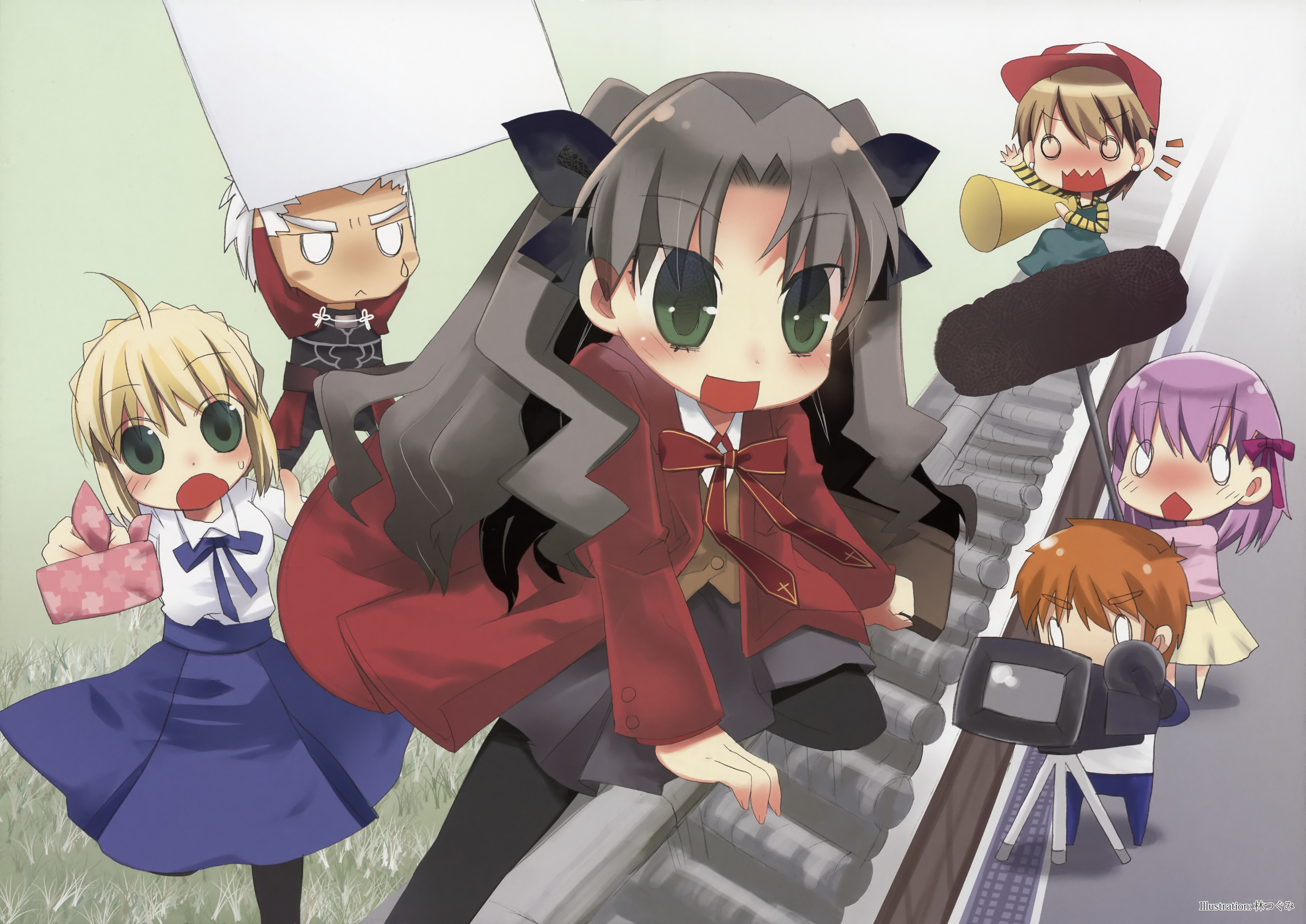 Chibi characters on train tracks