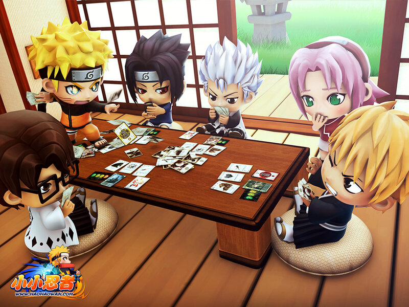 Chibi Characters Playing Cards — Brown, Playful