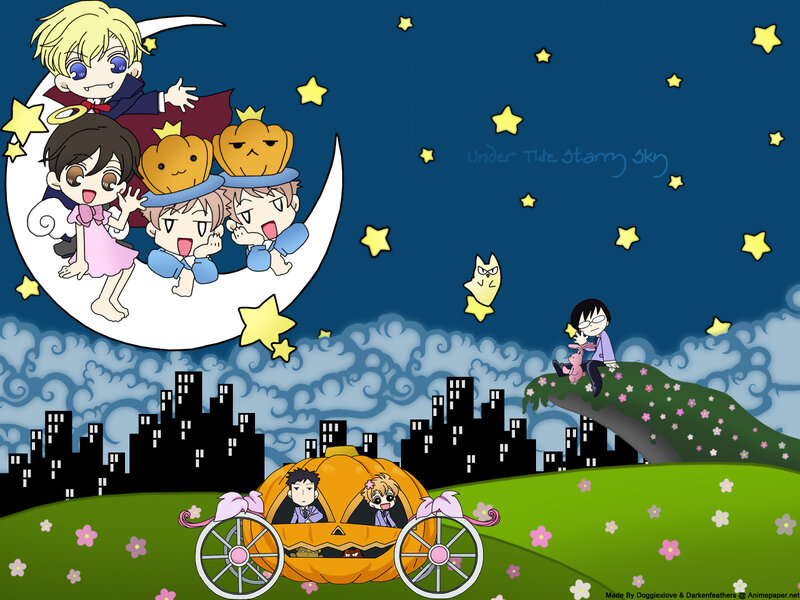Chibi characters under starry sky