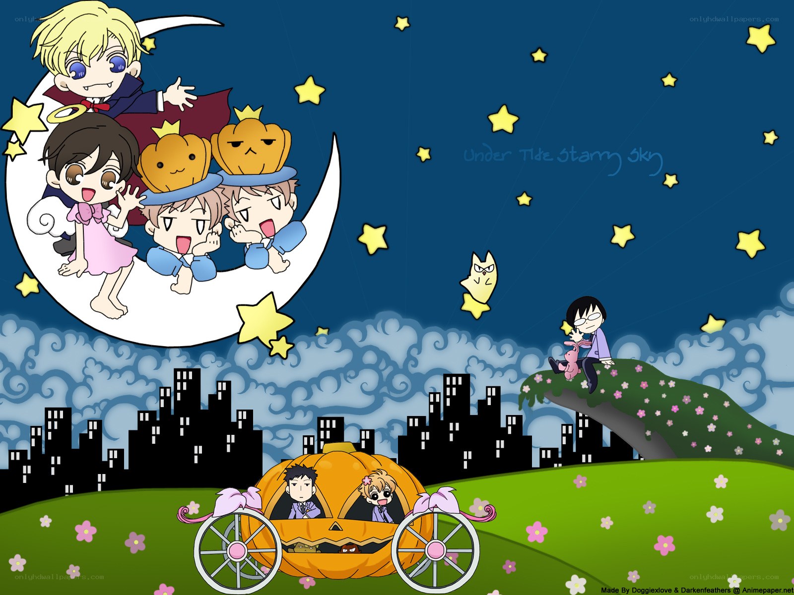 Chibi characters under starry sky