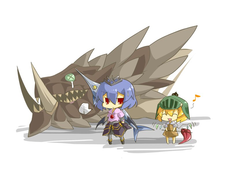 Chibi characters with a defeated monster