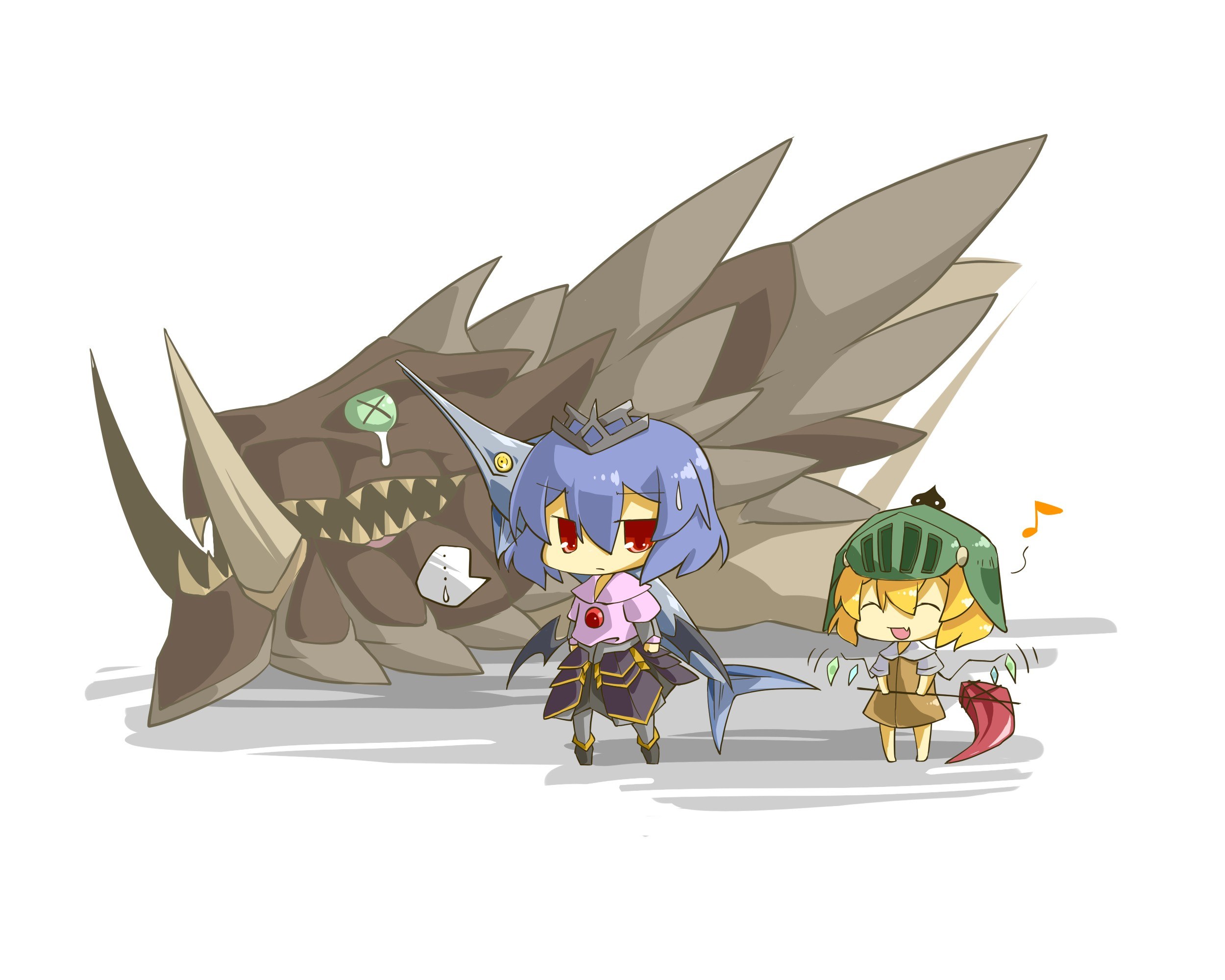 Chibi characters with a defeated monster