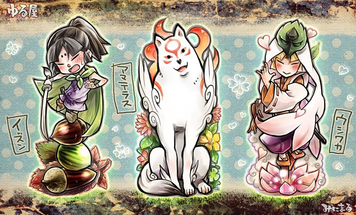 Chibi characters with a fox and flowers