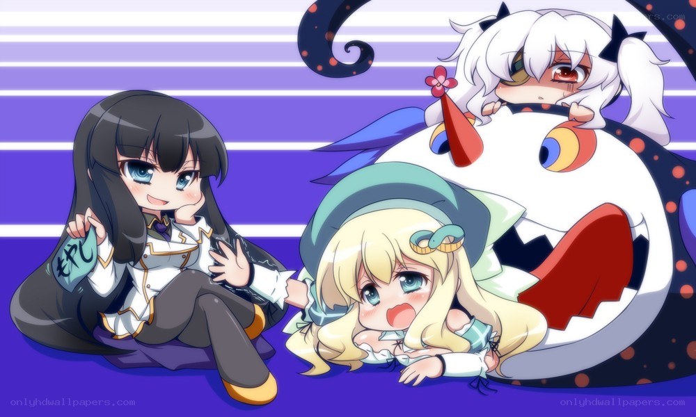 Chibi characters with a large creature