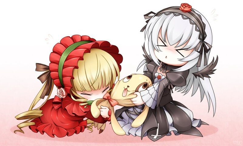 Chibi characters with a plush toy