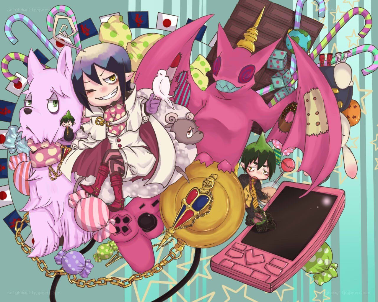 Chibi characters with candy and gadgets