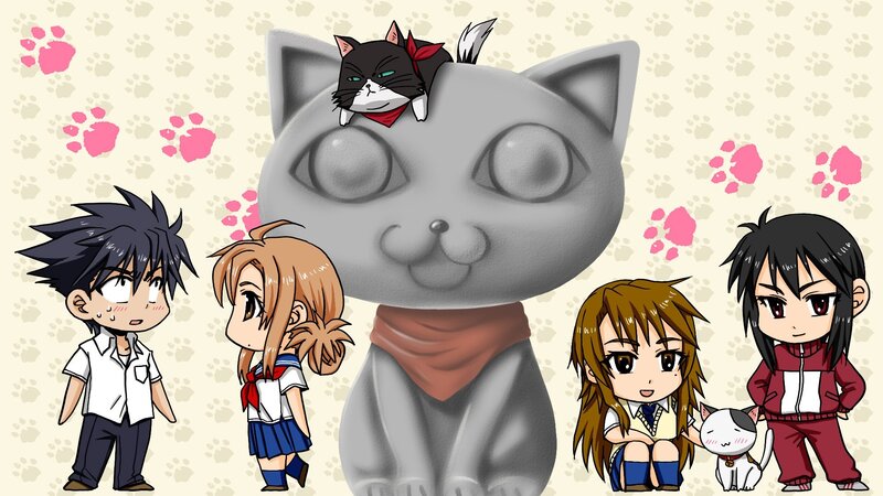 Chibi characters with cat statue