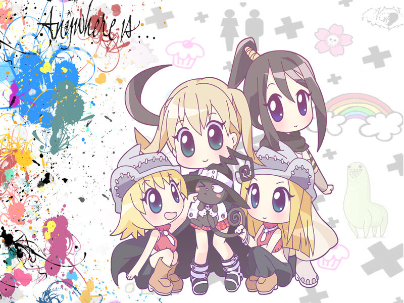 Chibi characters with paint splatters