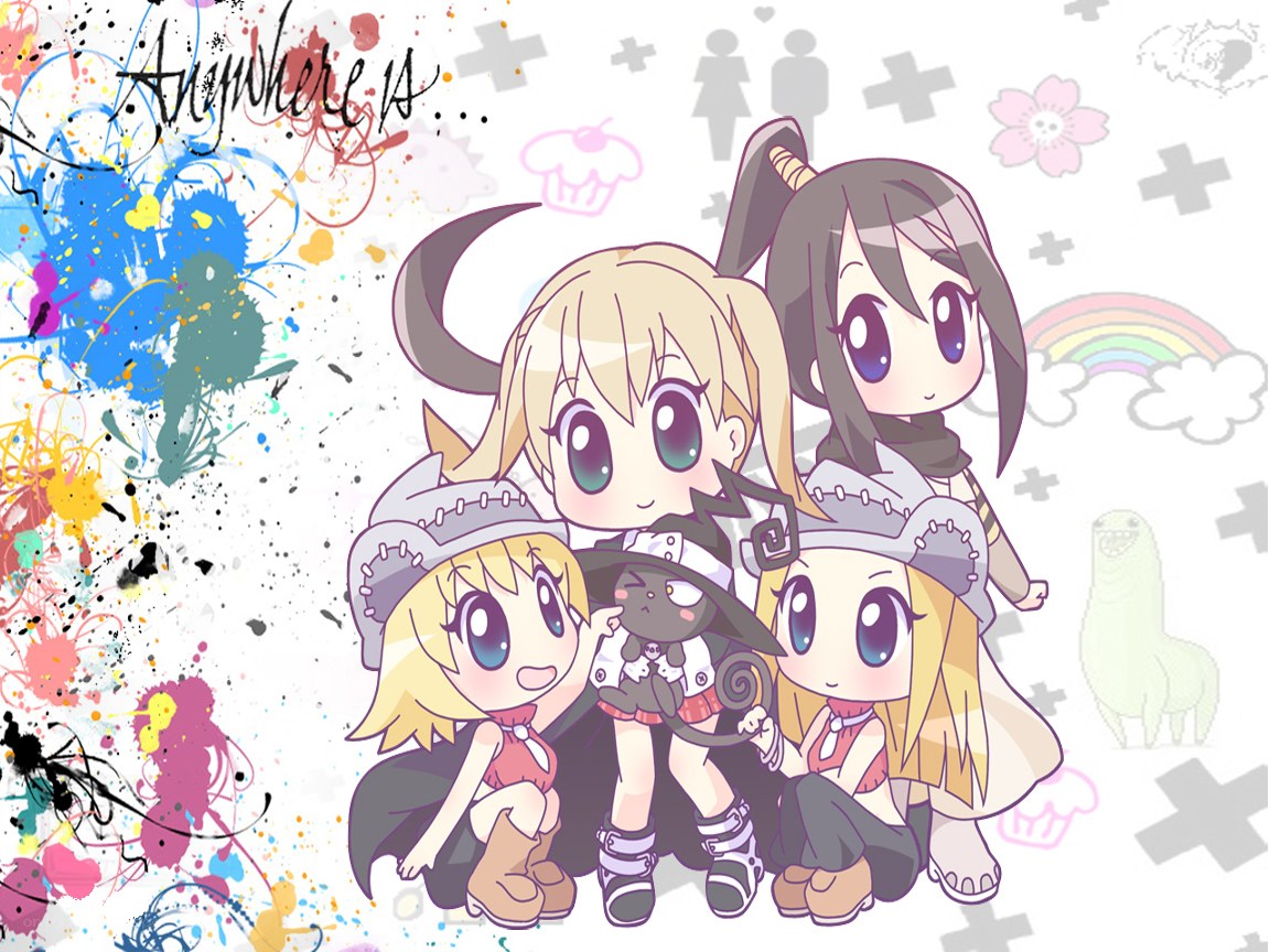Chibi characters with paint splatters