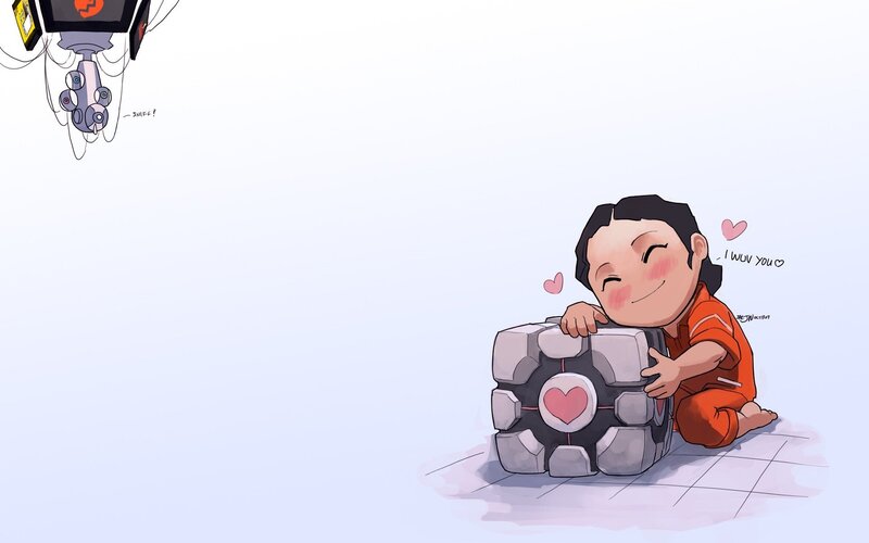 Chibi Chell hugging a cube