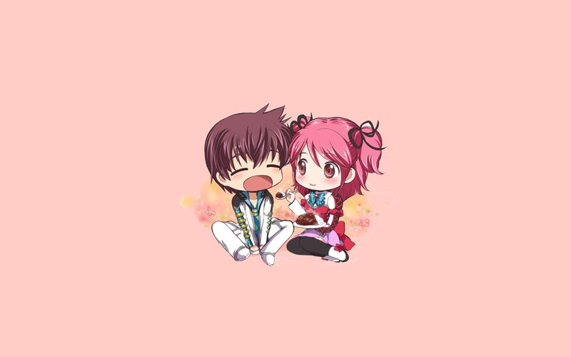 chibi couple sharing dessert