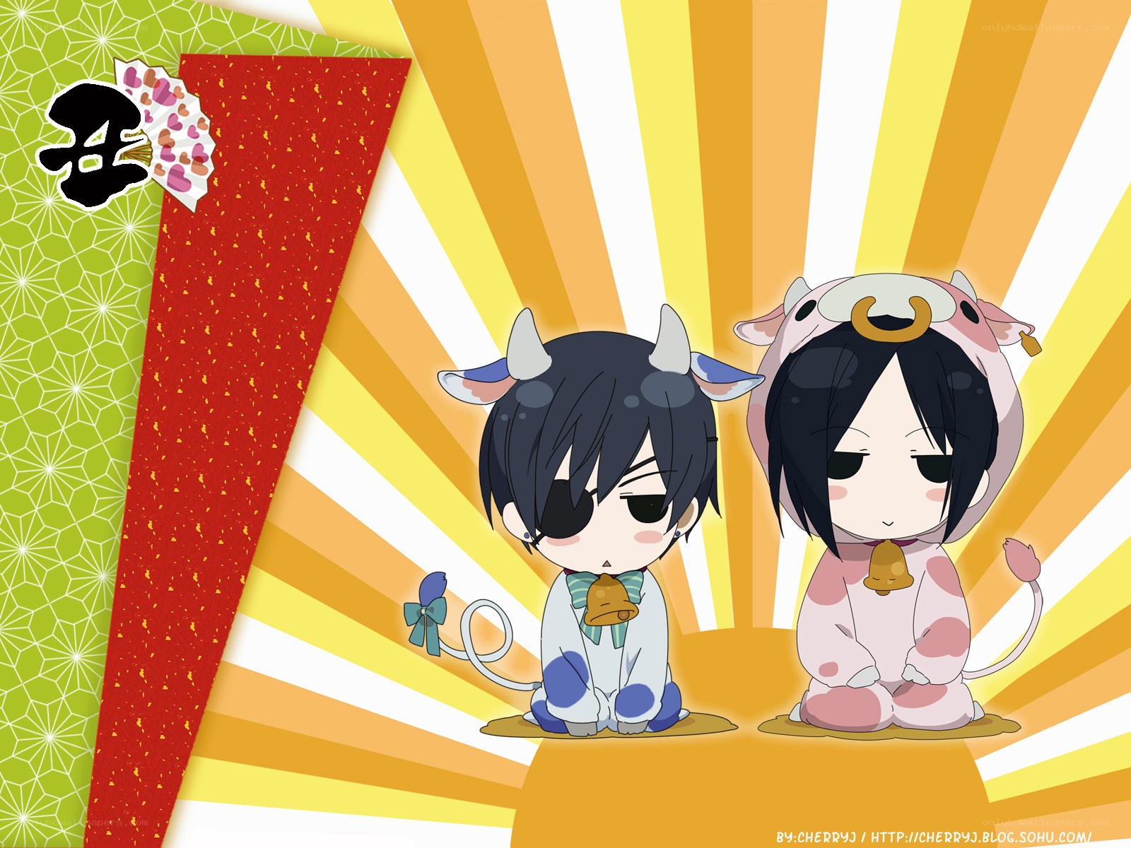 chibi cow characters in costumes
