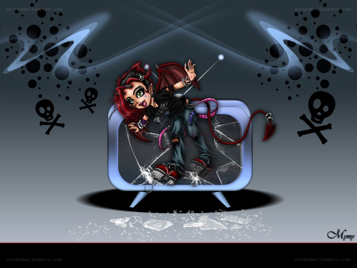 Chibi demon breaks TV