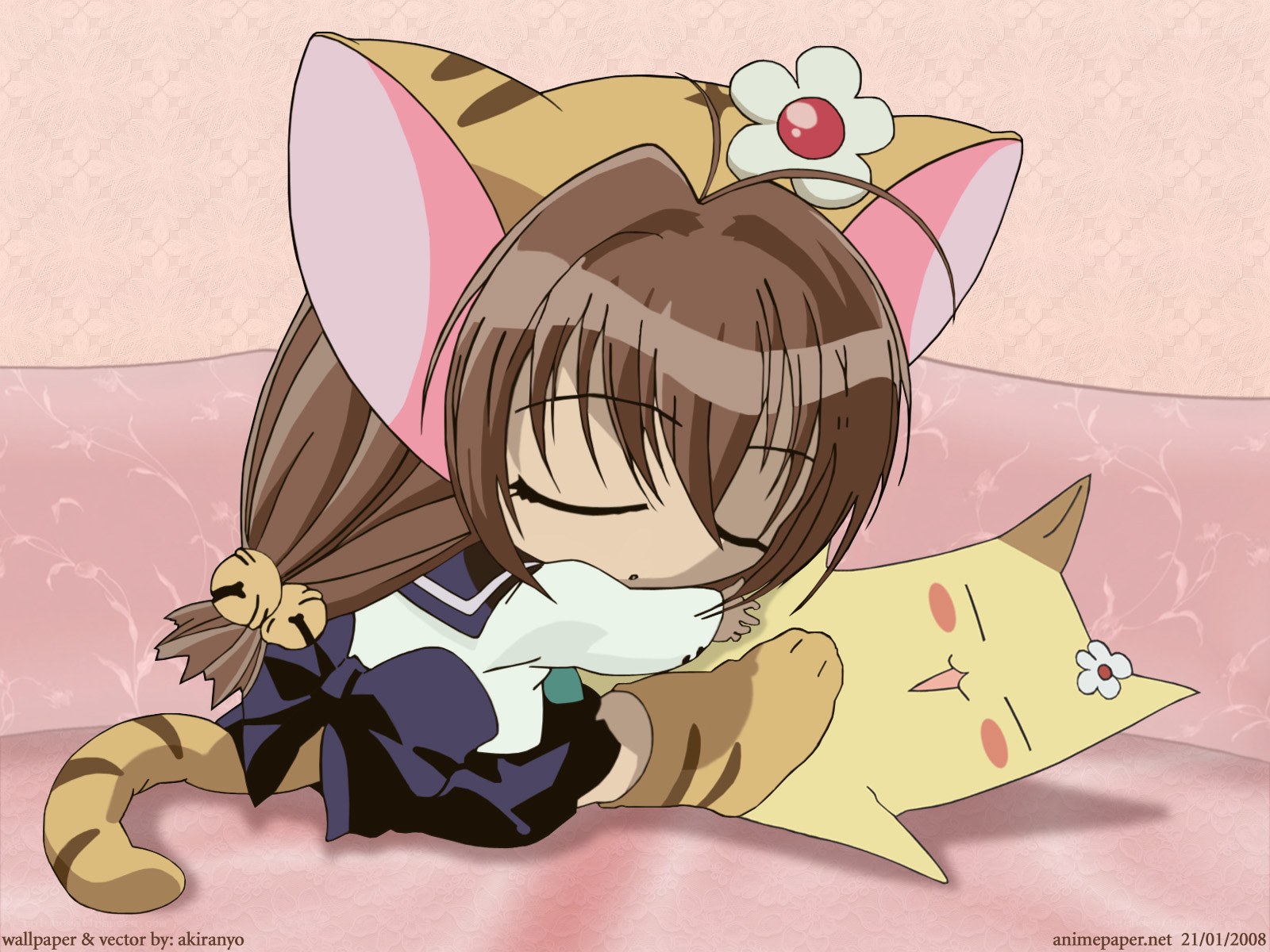chibi girl hugging cat pillow